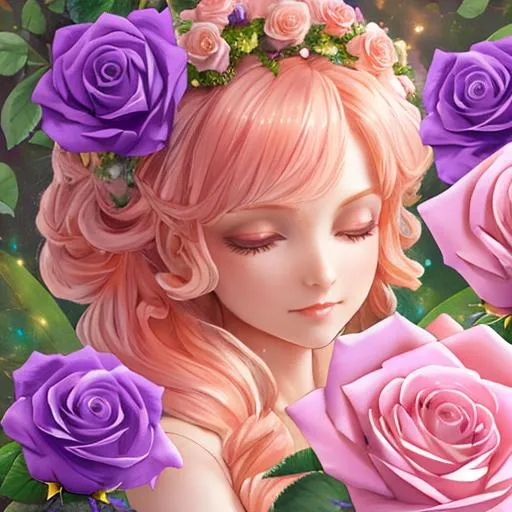 Prompt: fairy goddess, peach and light purple roses, closeup