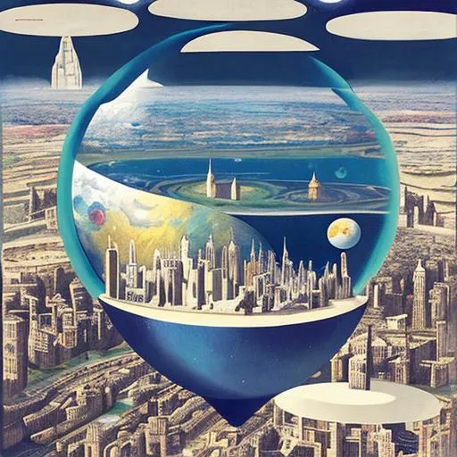 Prompt: Illustration of a mini city on a planet, floating in the space,  Antoine de Saint-Exupéry, realism, collage