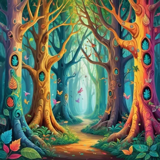 Prompt: Enchanted Forests: Trees with leaves of various bright colors, mystical animals hidden among the trunks.