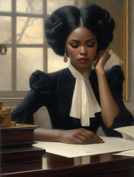 Prompt: <mymodel> A sad crying black woman, head on a desk, hand holding a letter.  [blend face, fei fei sun .50] ARTIST STYLE: William Waterhouse, Tom Bagshaw Gerald Brom, Raphael, 