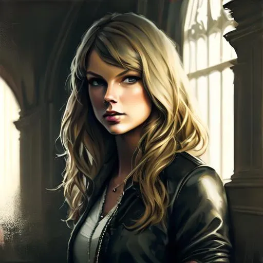 Prompt: taylor swift,  highly detailed painting by greg rutkowski, dark fantasy, looking at viewer, portrait, photography, detailed skin, realistic, photo-realistic, 8k, highly detailed, full length frame, High detail RAW color art, piercing, diffused soft lighting, shallow depth of field, sharp focus, hyperrealism, cinematic lighting, full body