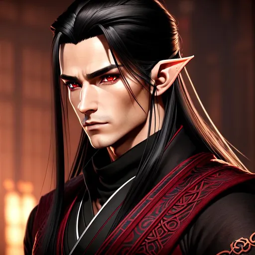 Prompt: concept portrait, cinematic shot,

mythical intense focused slim male elf, ultra detailed very long straight black hair tied back, tan skin, ultra detailed red eyes, Regé-Jean Page face, detailed face, detailed eyes, detailed nose,

ultra detailed wool maroon ronin kimono, dark  turtle-neck shirt, showing bare arms, arms covered in ultra detailed elaborate gothic fire runes tattoos, holding in hand one long skinny steel sword on fire, 

dark smokey fire background ruins like league of legends shadow isles,

2D illustration, 2D character design, 2D flat color, 2D digital illustration, 2D vector illustration, contrast,

((sunshine, very strong sunlight on face, cinematic lighting, volumetric lighting, iridescent lighting reflection, reflection, beautiful shading, head light, back light, natural light, ray tracing, symmetrical)), (((masterpiece, professional, professional illustration,))),

UDR, HDR, 64k, beautiful, stunning, masterpiece artwork, masterpiece illustration,