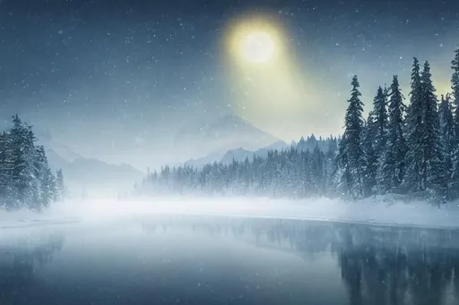 Prompt: river, Valley, mountains, winter, norhtern lights, frozen lake, pine trees, fog, full moon, perspective, Photographic, Photography, photorealistic, concept art, Artstation trending , cinematic lighting, cinematic composition, rule of thirds, ultra-detailed