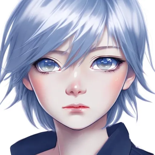 Prompt: short young woman,  silver hair that is short , bored expression, blue eyes, soft lips, anime style