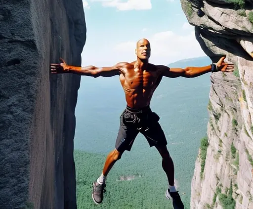 Prompt: David goggins hanging from a milion Meter cliff 