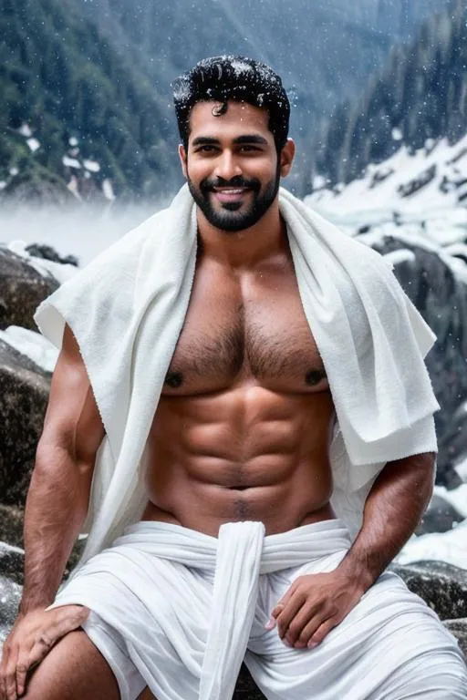 Prompt: a scene of ("eyes closed"  lost in god),"sri lanka hyperreal handsome rugged muscle hunk" in "hyperreal stormy snow mountain", smile, white shawl dhoti, detailed, hyperreal, sitting, arena, perfect composition, hyperrealistic, super detailed, 8k, high quality, trending art, trending on artstation, sharp focus, studio photo, intricate details, highly detailed, by greg rutkowski
