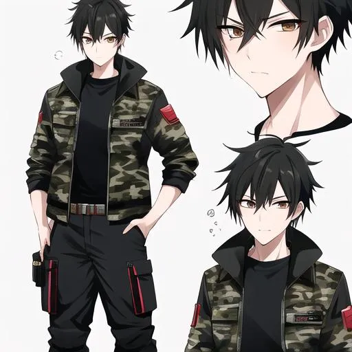 Prompt:  Yuichi 1male. {{Black spiky hair}} Wearing a camouflage jacket, cargo pants, sturdy boots, utility belt with pockets. Adam Manyoki, UHD. 4K. Highly detailed face. Adult