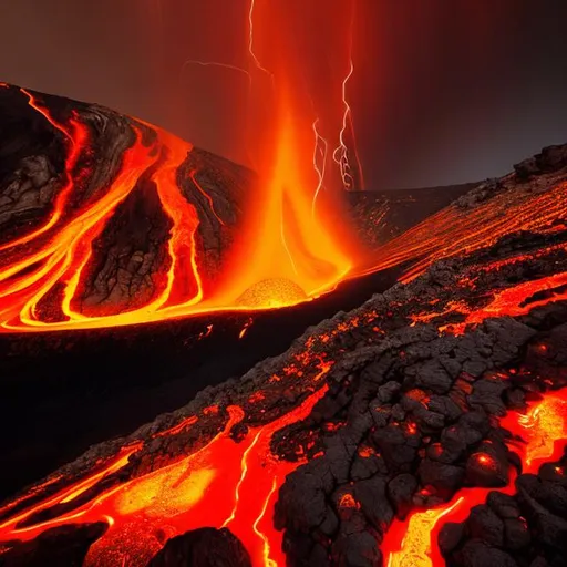 Prompt: he volcano rumbles with an ominous power, the ground trembling beneath its immense pressure. Suddenly, a fiery fissure cracks open, revealing a vivid, molten lava flow of scorching orange-red and golden hues. The lava cascades down the slopes with an intense, fluid motion, leaving a trail of burning brilliance in its wake.

Above the lava, a plume of thick, billowing volcanic ash rises into the sky, painted in shades of deep gray and charcoal. The ash cloud engulfs the surrounding area, casting an eerie, otherworldly aura over the landscape.

Simultaneously, toxic gases escape from the magma chamber, creating an ethereal display of colors in the sky. Brilliant hues of green, yellow, and purple dance amidst the smoky backdrop, forming a surreal and breathtaking spectacle.

As the volcano continues to erupt, the combination of hot lava, volcanic ash, and gases creates a stunning display of nature's raw power and beauty, painting the landscape in vivid, real colors that are both awe-inspiring and humbling.