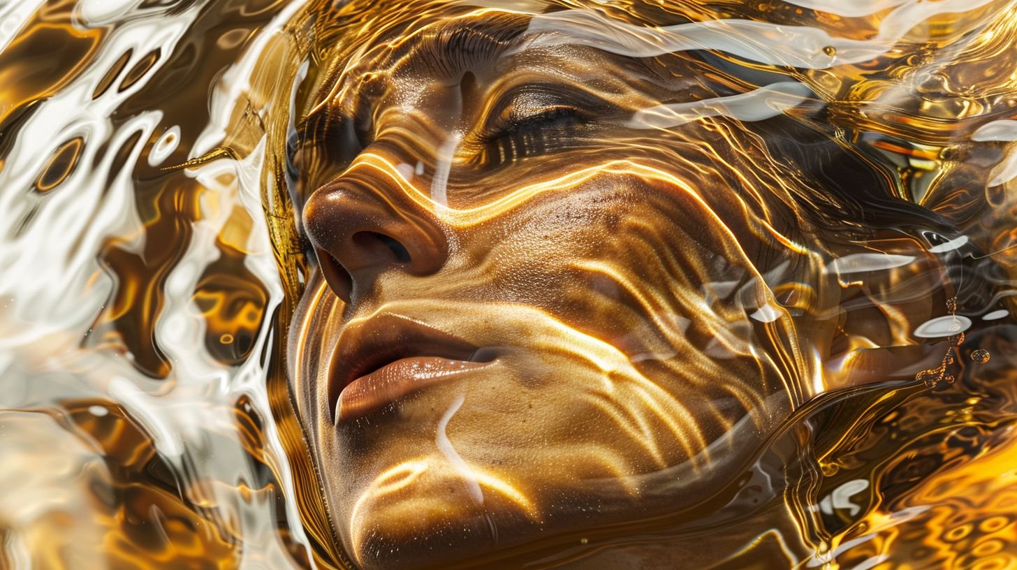 Prompt: liquid the and face the both of qualities reflective and fluidity the accentuates light of play The. further features its distorting face the onto pours honey or gold molten resembling amber, Liquid. background checkerboard a into melded seemingly and submerged partially face, human a of depiction surrealistic a showcases image The.
