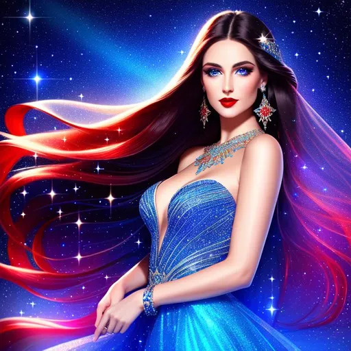 Prompt: Beautiful woman, long straight hair, red lips, blue eyes, wearing an intricate sparkling gown, ethereal, luminous, whisps, sparkle, stars, glowing, trails of light, sparkles, 3D lighting, fantasy