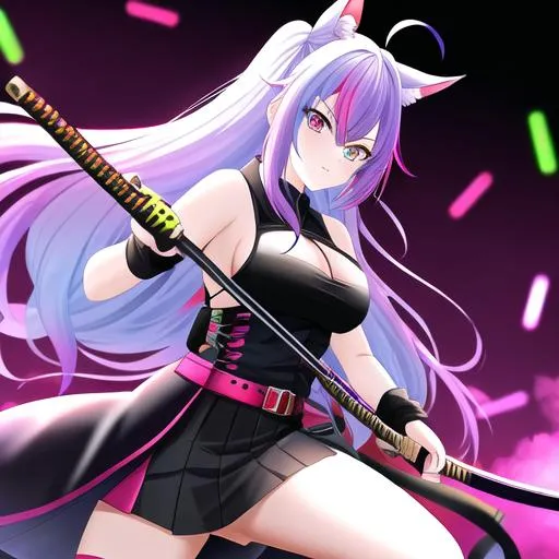 Prompt: Haley  as a demon (multi-color hair) (multi-color eyes)(she has horse ears) holding a katana, fighting, in a gunfight, bullets flying, fighting in a rural area, angry