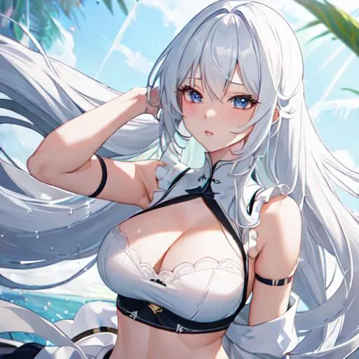 Prompt: hot anime girl with long white hair wearing a white bra bottom up