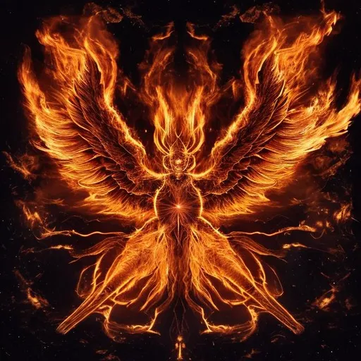 Prompt: The center of the fire looked like glowing metal, 5 and in the fire was what looked like four living creatures. In appearance their form was human, 6 but each of them had four faces and four wings. 