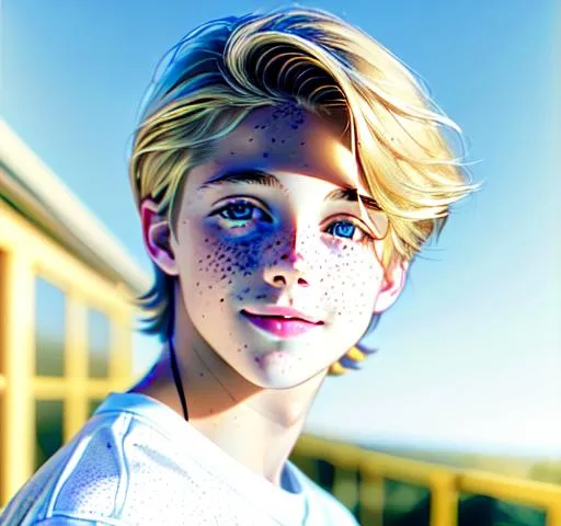 Prompt: Hyperrealistic Hyperrealism front view of face (headshot) (straight forward view) facing camera Beautiful young teen boy, (kid cole sprouse)+++ blond boy, straight hair, happy eyes, innocent, boy model, 16 years old, pretty, cute, freckles, cinematic lighting, blue sky, bright colors, blue, green, yellow, white,  luminous, hyperdetailed, great composition, professional, artstation award