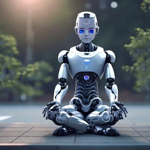 Prompt: a realistic male AI robot meditaing
