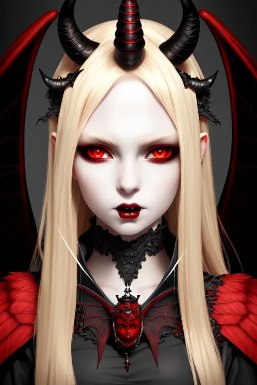 Prompt: masterpiece,high res,high detailed,detailed face,vampire,queen,girl,horn on head,red eyes,blonde hair,(pale face:1.1),black wings