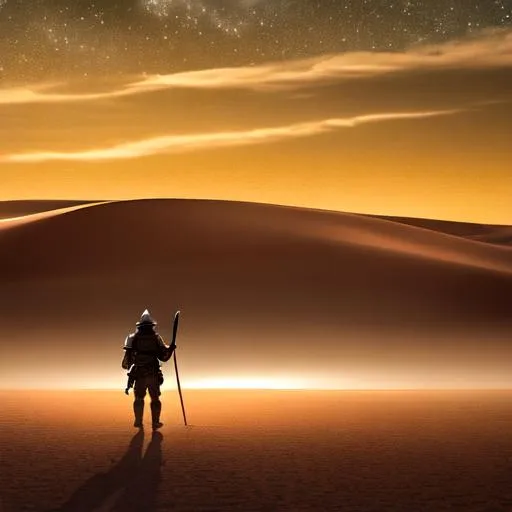 Prompt: See a Man in the night in a desert armor  in the distance with a curved sword, on a deserted battlefield