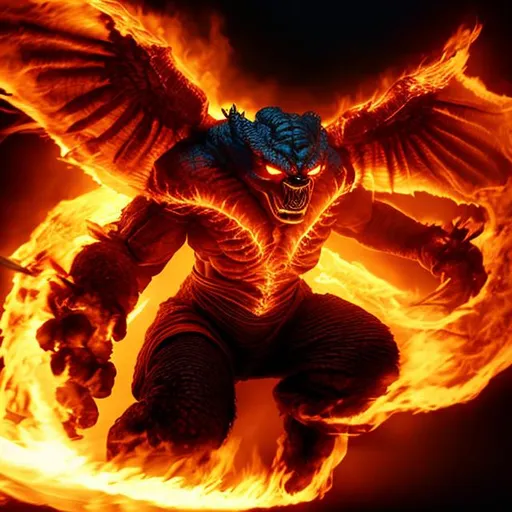 Prompt: Balrog of fire coming out of shadow with a sword of fire