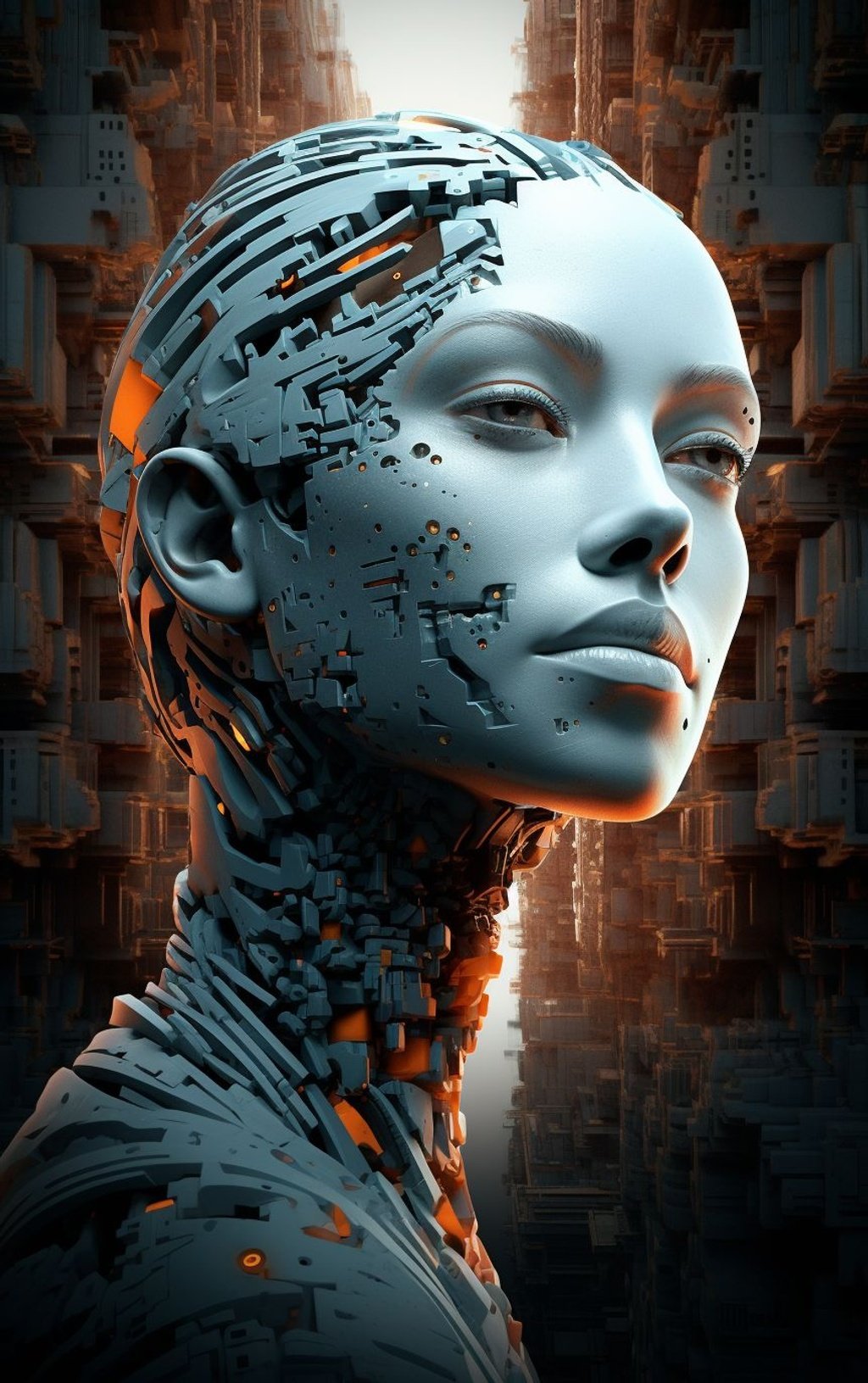 Prompt: artificially beautiful illustration of female head, in the style of max rive, light cyan and orange, android jones, mind-bending sculptures, 32k uhd, city portraits, cubo-futurism