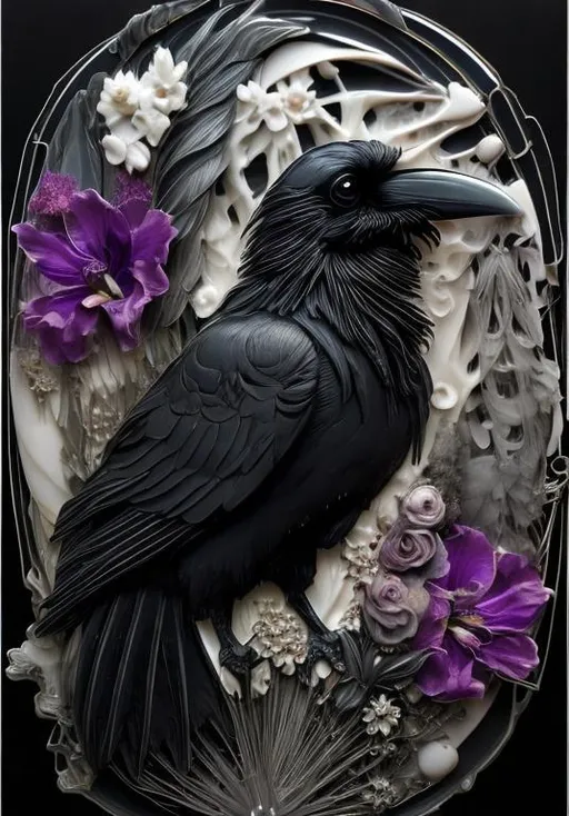 Prompt: One raven enclosed in a cameo, black, white, surrounded by cosmo flowers, gladiolus flowers, leaves,  gothic style