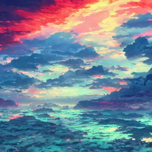 Prompt: Red sky is touching a green ocean and kids are watching this , hyperrealistic, anime , 8k