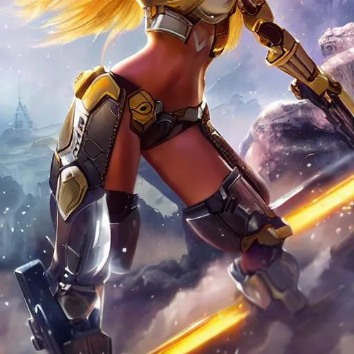 Prompt: Cute girl, 16 years old, sleeveless, blonde hair, tan body, battlefield, ethereal, yellow mech suit, stunning, royal vibe, highly detailed, digital painting, HD quality, tan skin,artgerm