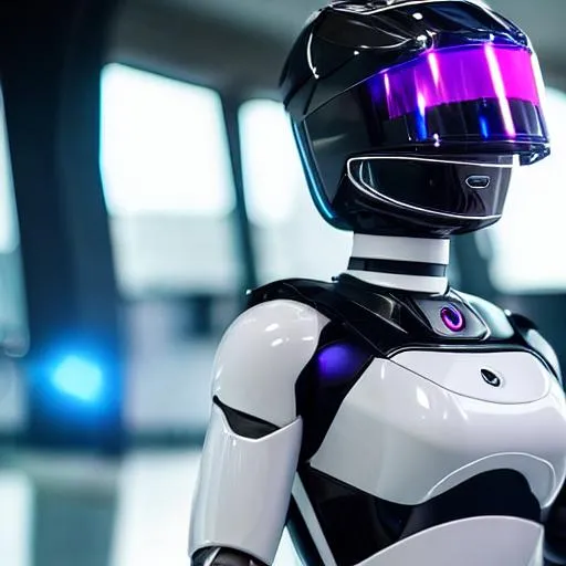 Prompt: A futuristic female robot, realistic, 8k quality, shiny metal, black screen face, high quality, sharp focus, round chest, bust, wearing helmet with black screen visor, full body, in frame,