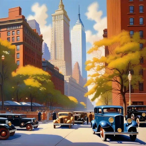 Prompt: Battery Park, downtown Manhattan, 1930s, cartoony style, extremely detailed painting by Greg Rutkowski and by Henry Justice Ford and by Steve Henderson
