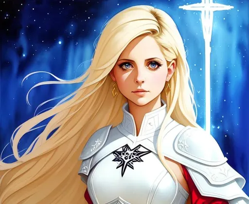Prompt: sticker of disney banksy art, Sarah Michelle Gellar, freedom, soul, digital illustration, comic style, fantasy noir, wearing white holy armor, perfect anatomy, long blonde hair, centered, approaching perfection, dynamic, highly detailed, watercolor painting, artstation, concept art, smooth, sharp focus, illustration, art by Ilya Kuvshinov 