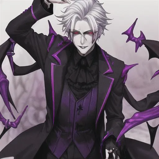 Prompt: A male gothic vampire wearing black and purple, he has white hair and red eyes, with black and red rings