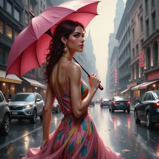 Prompt: a woman in a colorful dress holding an umbrella in the rain on a city street with cars and buildings, Cyril Rolando, figurative art, highly detailed digital painting, a photorealistic painting
