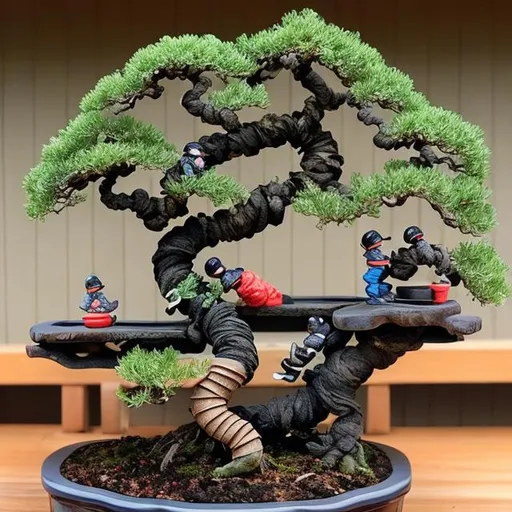 Prompt: tiny ninjas climbing the ladder up on a distorted juniper bonsai tree with deadwood