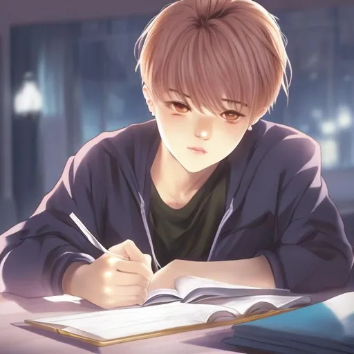 Prompt: anime jimin studying at night