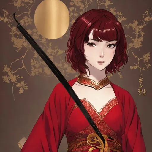 Prompt: woman in red dress with short ruby hair and a naginata
