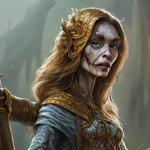 Prompt: Full body splash art of a sweet, youthful, female undead zombie sorceress, mummified face, blue eyes, very long dark blonde hair with thin curtain bangs, skinny, wearing long pastel colored dress, carrying a wooden staff, D&D, dnd, fantasy, highly detailed, sharp focus, digital painting, artstation, 4k, 8k, warm tones