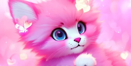 Prompt: Cute, pink, fluffy, fantasy love kitten, with light, pink eyes, very, pink fur, and possessing the element of love and making circles of hearts move around in the air in a magical way, background with pink hearts. Perfect features, extremely detailed, realistic. Krenz Cushart + loish +gaston bussiere +craig mullins, j. c. leyendecker +Artgerm.