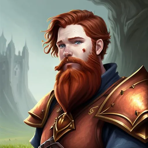 Prompt: Fantasy Character, Digital Painting, Paladin, background, trimmed red beard, brown hair, scars