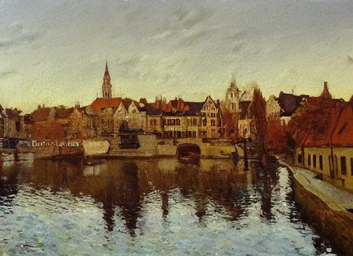 Prompt: "Golden hour", Dark, Brussels center "oil painting in style of Thaulow", golden hour, highly detailed
No frame