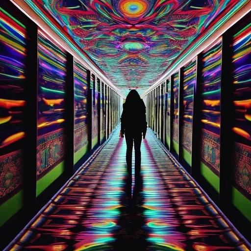 Prompt: A psychedelic Self Discovery back room endless hallway searching and finding self 