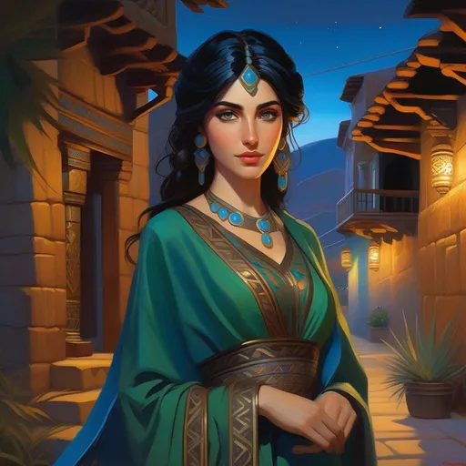Prompt: Third person, gameplay, ancient Armenian girl, pale skin, black hair, green eyes, blue atmosphere, Urartu at night, cartoony style, extremely detailed painting by Greg Rutkowski and by Henry Justice Ford and by Steve Henderson 