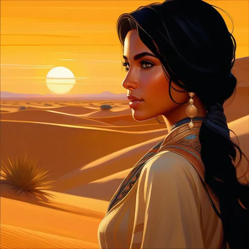 Prompt: Third person, gameplay, Algerian girl, tan skin, black hair, hazel eyes, desert, golden atmosphere, cartoony style, extremely detailed painting by Greg Rutkowski and by Henry Justice Ford and by Steve Henderson 