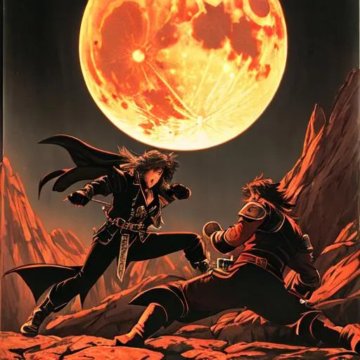 Prompt: Photo of Castlevania: Leon Belmont fighting Dracula under a blood red full moon. Photo taken by Ansel Adams, Dorothea Lange, Edward Weston, Henri Cartier-Bresson, Irving Penn, Richard Avedon, Diane Arbus, Man Ray. high-res, perfect composition. UHD, 8k, ultra realistic, EF 70 mm, 4k quality, {sharp focus}, Pulitzer Prize for Feature Photography, Sony World Photography Awards, Monovisions, IPA, National Geographic. Bright colours, high contrast, vivid.