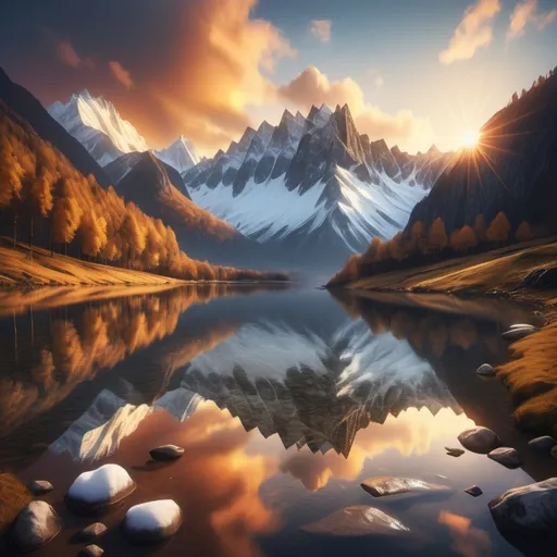 Prompt: Crie uma imagem ultra realista de uma paisagem montanhosa ao amanhecer, com picos cobertos de neve refletindo a luz dourada do sol nascente. Inclui um lago cristalino no primeiro plano, perfeitamente espelhando as montanhas e o colorido com tons vibrantes de laranja, rosa e azul. Adicione detalhes como árvores verdesjantes nas margens do lago e nuvens suaves flutuando no céu, criando uma sensação de tranquilidade e maravilha. Uma imagem deve ser rica em texturas e núcleos, ideal para atrair e inspirar o público no Instagram