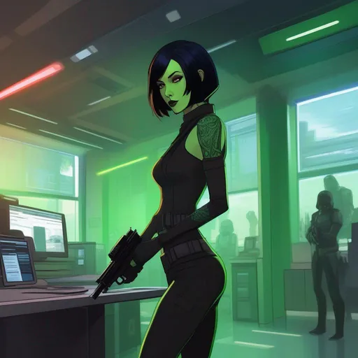 Prompt: a slender woman miralan enforcer. green skin. sith tatoos on face. She wield a pistol. black bob hair, sneaky behavior. In background a scifi office. Star wars art. Rpg art. anime art. 2d. 2d art.