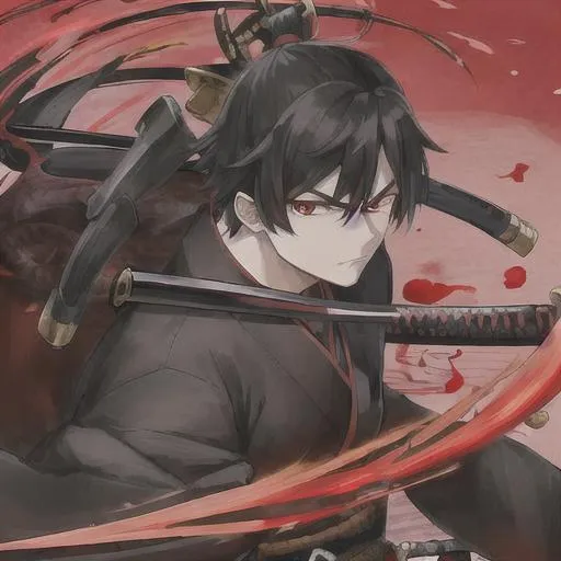 Prompt: 1st hashira a man with black and red kimono , intimidating face ,holding a black handled red bladed katana