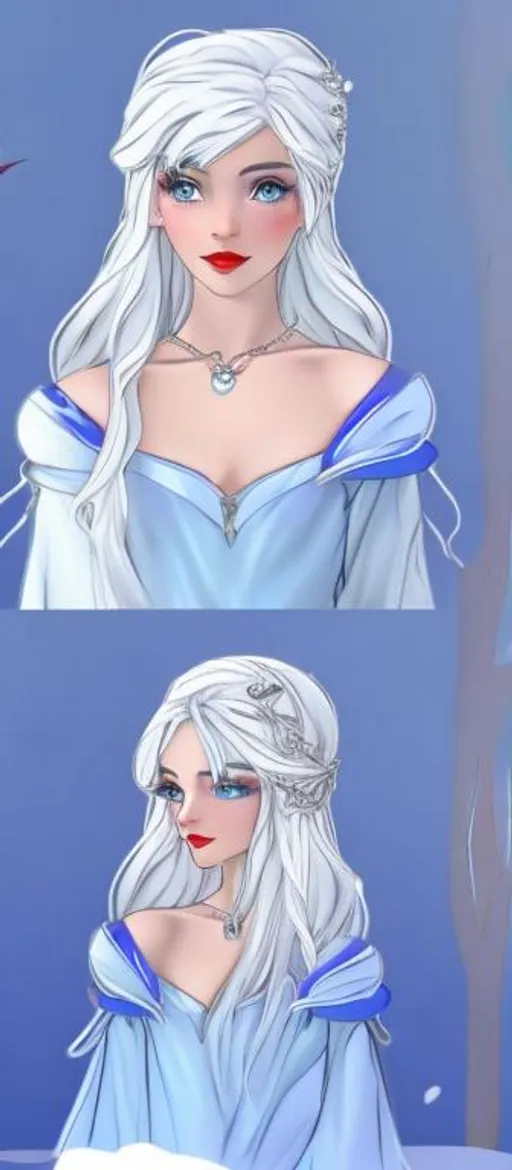 Prompt: snow white hair and skin, dark blue ocean eyes, wears a blue dress, silver wrap around heels and a sliver moon hair pendent in her hair