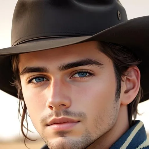 Prompt: A handsome young athelitic male wearing a cowboy hat, facial closeup