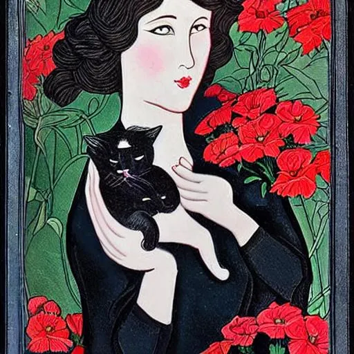 Lady with black cat, art nouveau style, detailed pai... | OpenArt