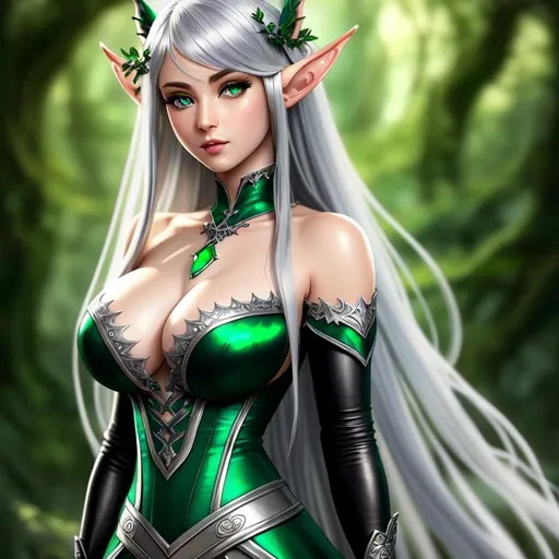 Prompt: A hyper realistic detailed ((full body)) ((nude)) image of a half-elf ((sexy woman)), ((beautiful)), with ((sexy silver clothes)) with ((emerald hair)) a gothic dress, jewelry set, balayage wild hair, highly detailed, digital painting, Trending on artstation, HD quality, ((by Prywinko)), ((very huge breast)), ((sexy)), high heels