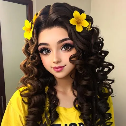 Prompt: A girl with  long curly hair wearing yellow, pretty makeup, flower in her hair